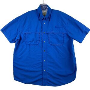 LL Bean Fishing Shirt Men's Large Blue Short Sleeve Vented Pockets Regular Fit